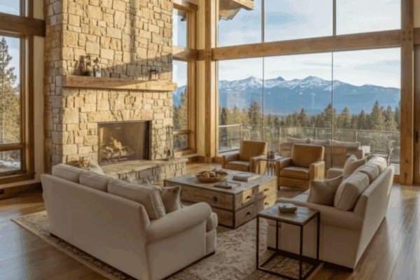 Living room of luxury mountain home.