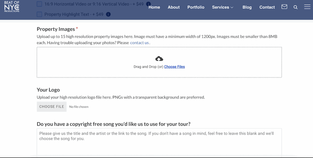 screenshot of photo upload portion of AI real estate tour order form.